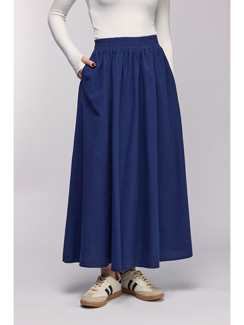 Lacivert Kadın A Kesim Yüksek Bel Cepli Dökümlü Kloş Etek - Dokulu Keten