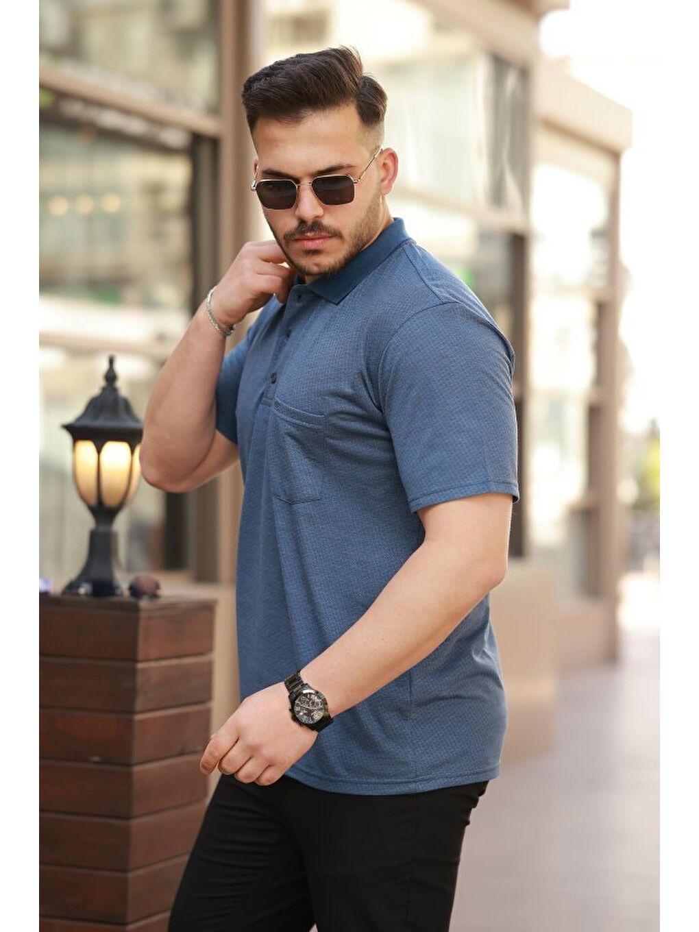 İndigo Erkek Yakalı Mini Jakarlı Kısa Kollu T-shirt-1