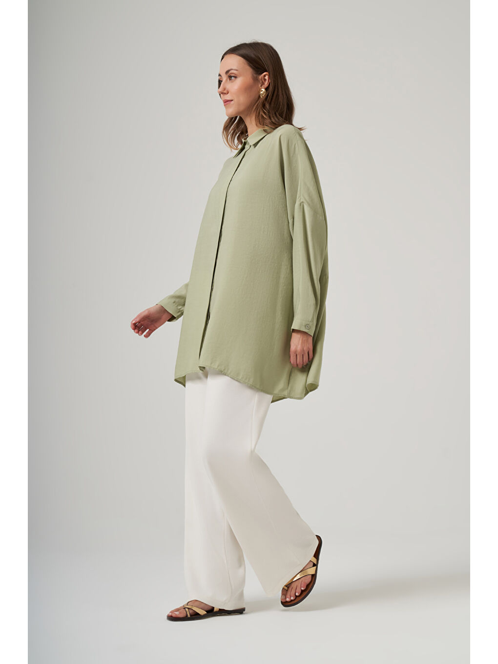 Yeşil Oversize Basic Yazlık Gömlek 3001 Menta-1