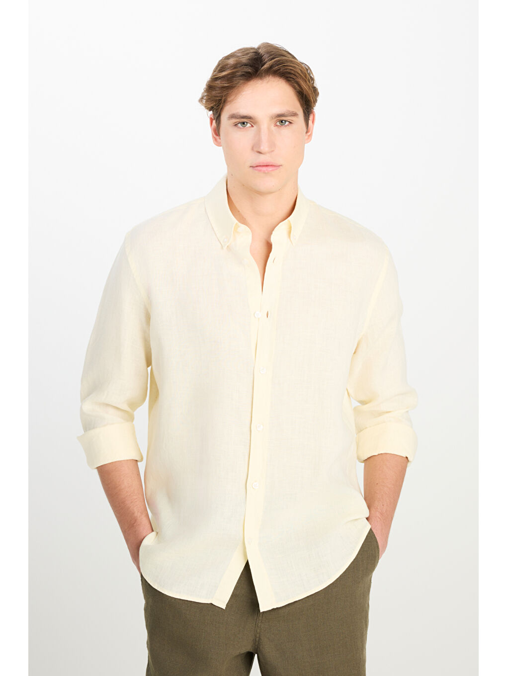 %100 Keten Regular Fit Normal Kesim Sarı Gömlek-1
