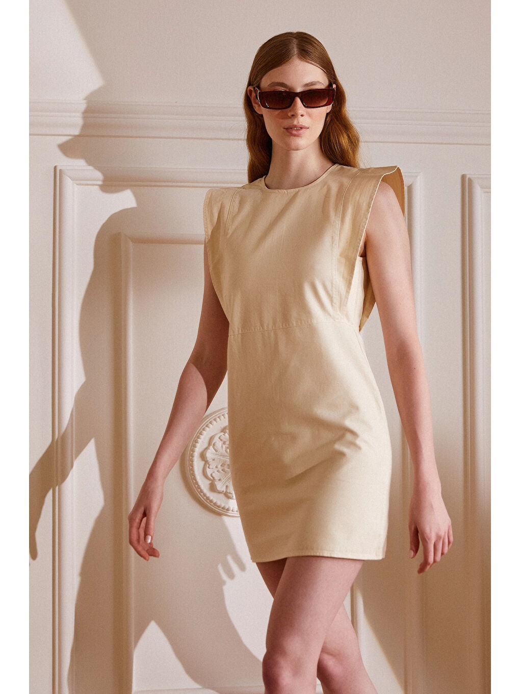 Sıfır Kol Gabardin Elbise Ekru-3