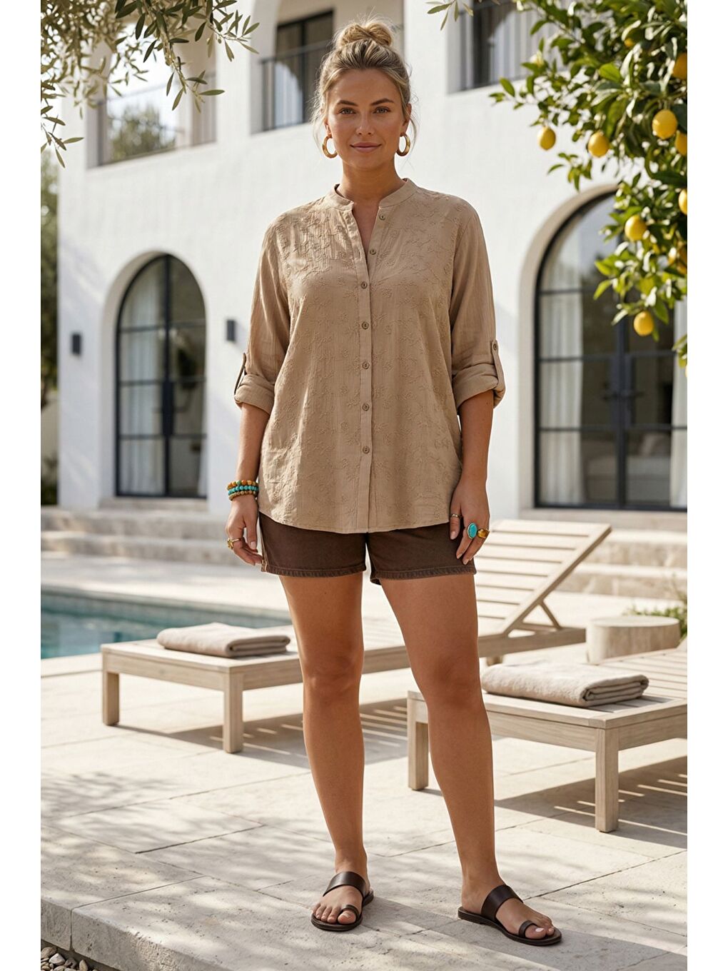 Koyu Bej Hakim Yaka Düğmeli Uzun Kollu Düğmeli Casual Müslin Dokuma Gömlek 75 63-2