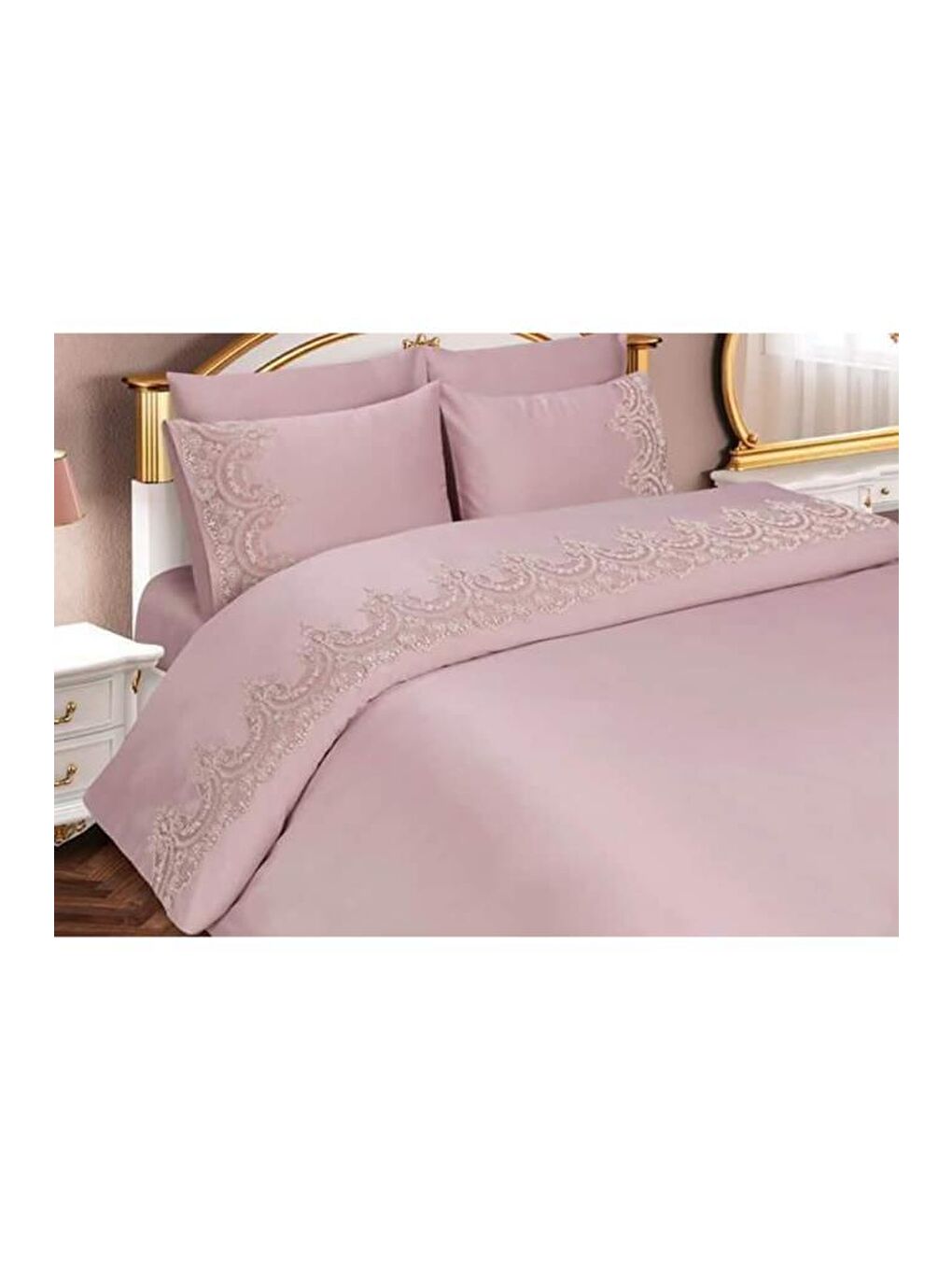 Karışık Fransız Dantelli Sultans Tek Kişilik Nevresim Takımı 4 Parça Pudra-1
