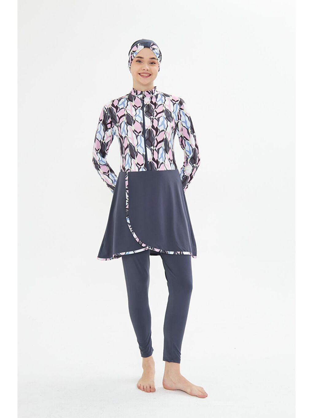 Tam Kapalı Elastanlı Desenli Etekli Tesettür Mayo Antrasit 3481-A-1
