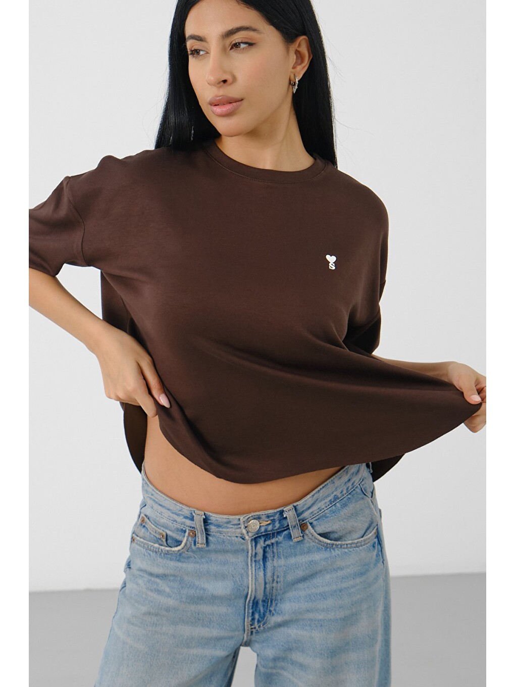 Kahverengi Kadın Oversize Boxy T-Shirt Bisiklet Yaka Rahat Kalıp Tişört-1