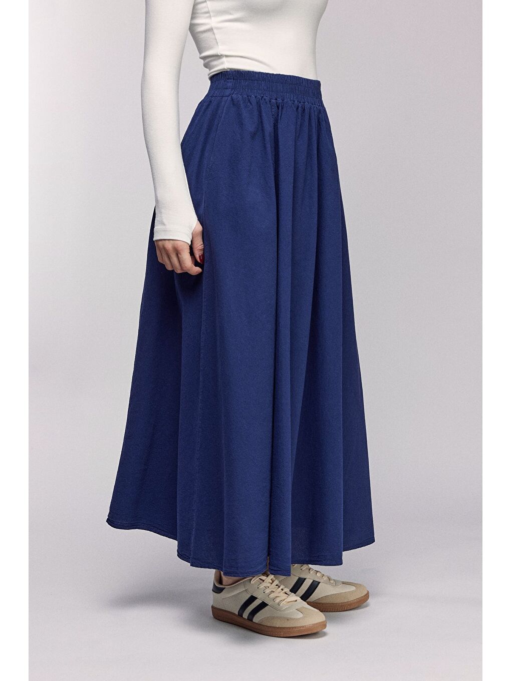 Lacivert Kadın A Kesim Yüksek Bel Cepli Dökümlü Kloş Etek - Dokulu Keten-1