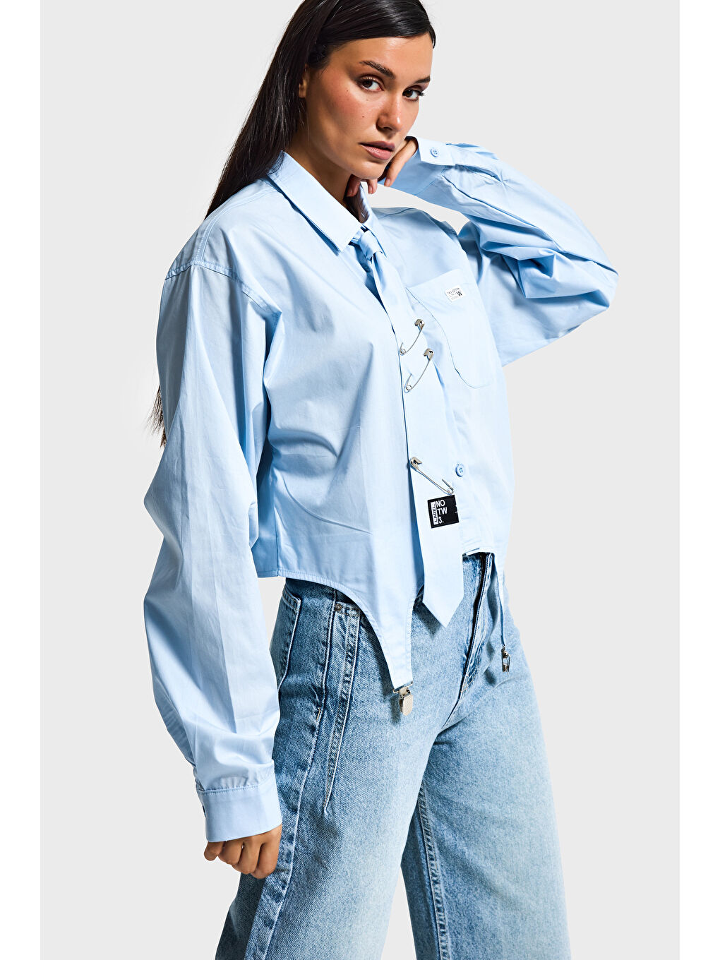 Kadın Mavi Renk Kravatlı Tasarım Bol Kesim Gömlek-4