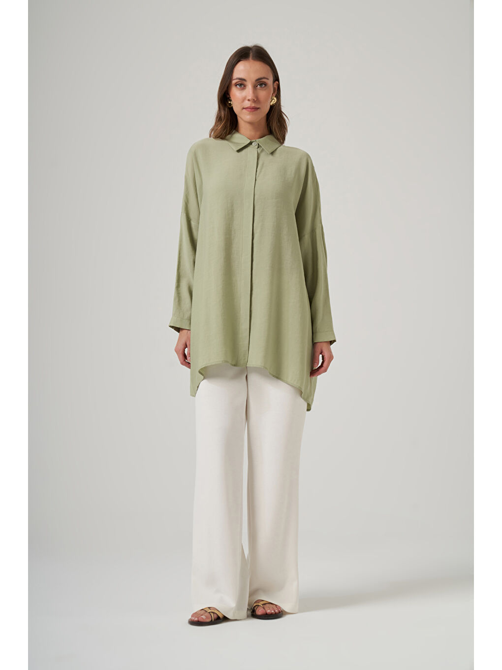 Yeşil Oversize Basic Yazlık Gömlek 3001 Menta-3