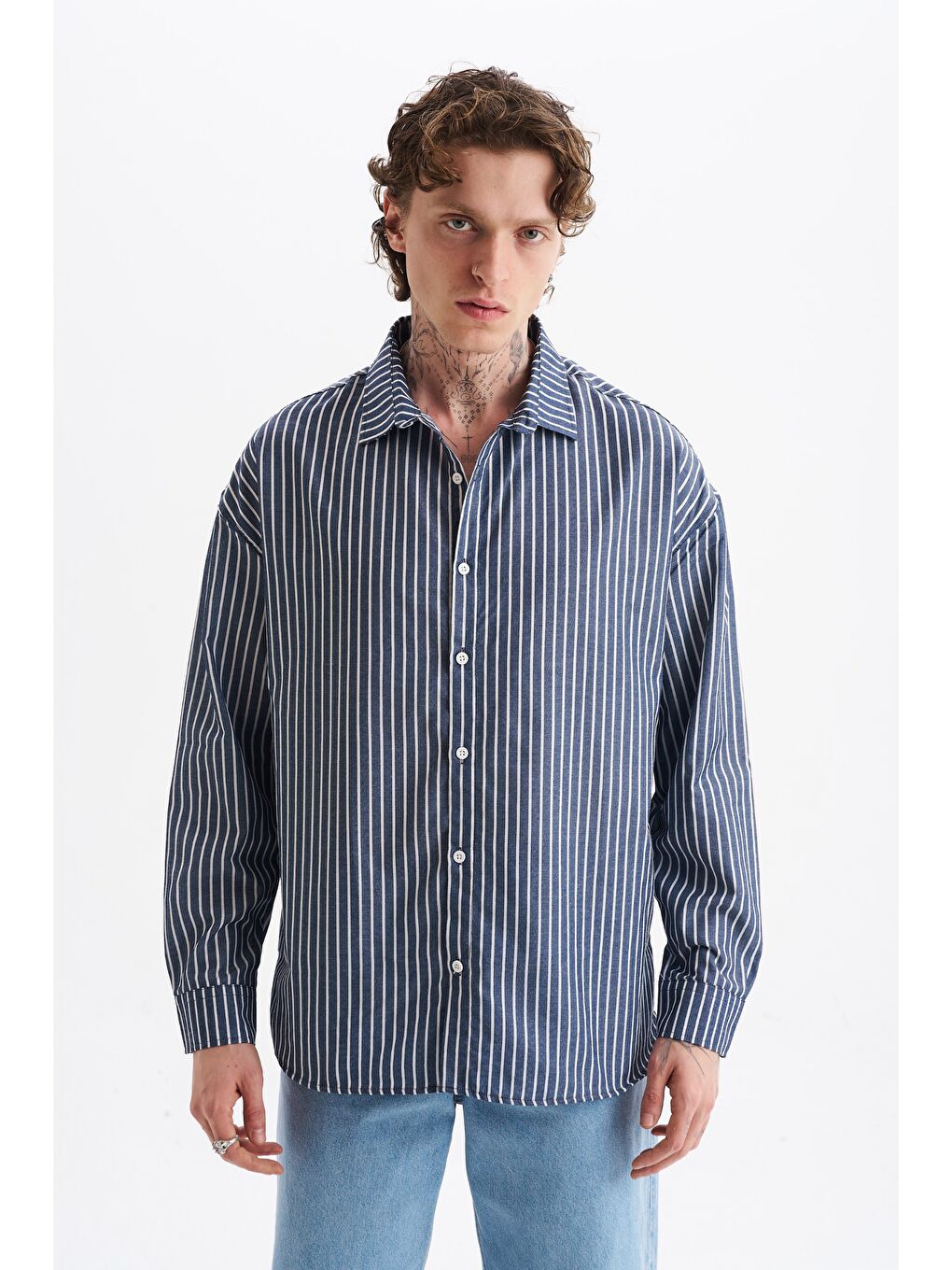Erkek %100 Pamuklu Çizgili Gömlek Lacivert
