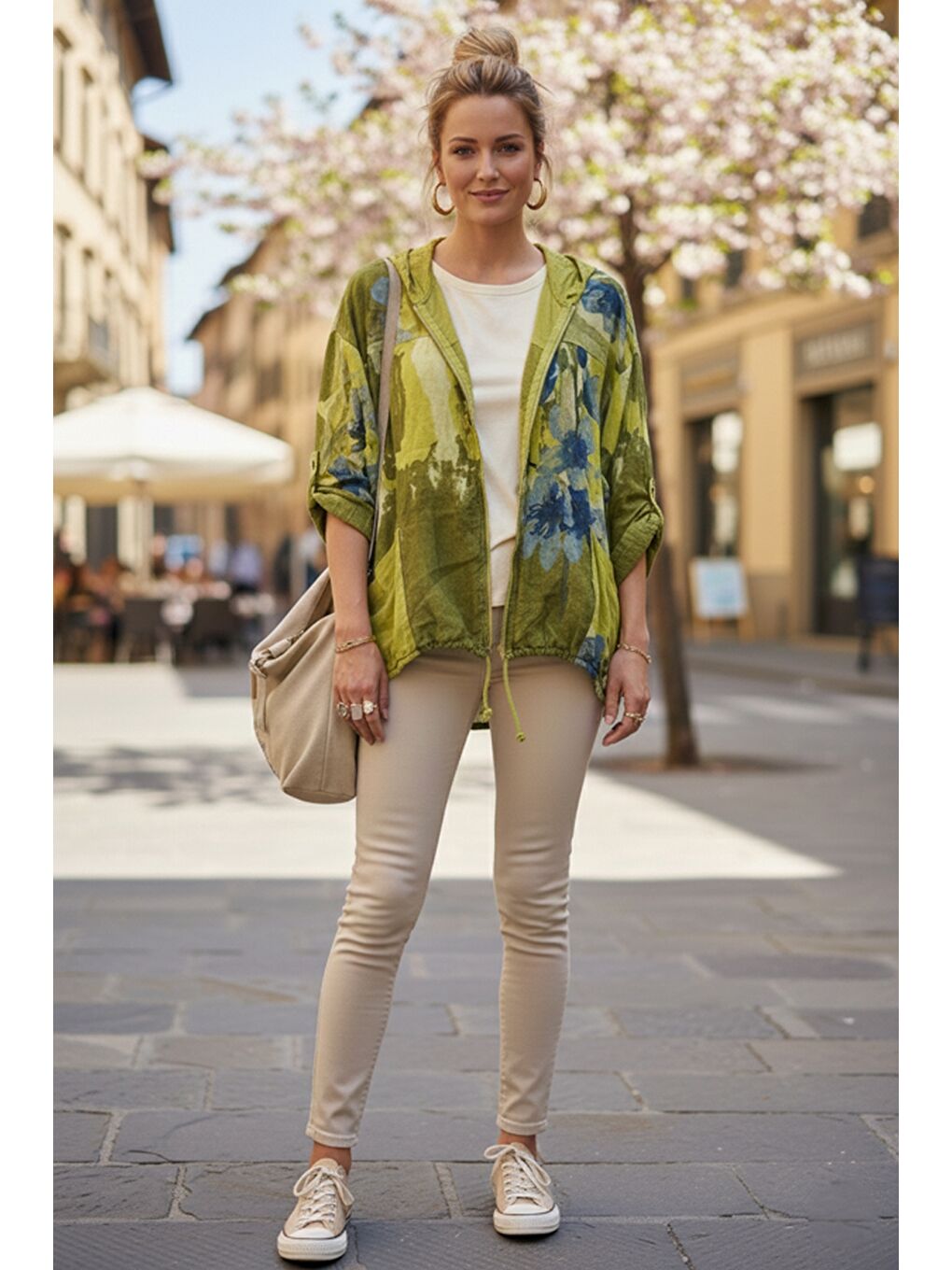 Yeşil İtalyan Limon Küfü Rengi Kapüşonlu 3/4 Kol Fermuarlı Cepli Keten Görünümlü Dokuma Ceket 68 65-4