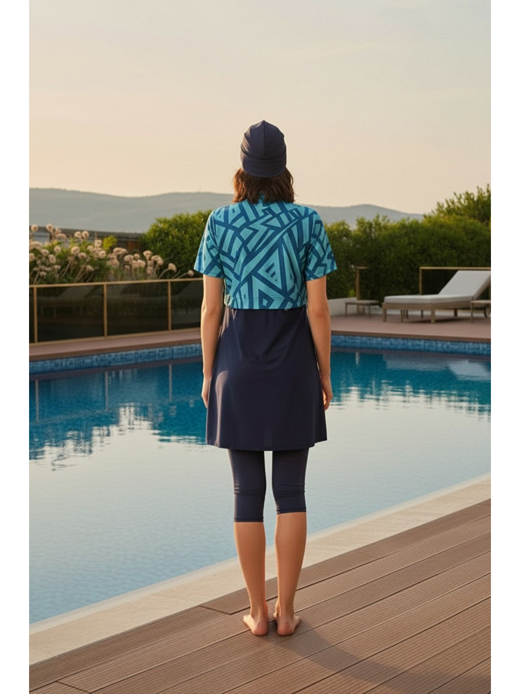 Lacivert Hızlı Kuruyan Esnek Paraşüt Kumaş 4 Parça Kısa Kollu Yarı Kapalı Mayo 3417-4