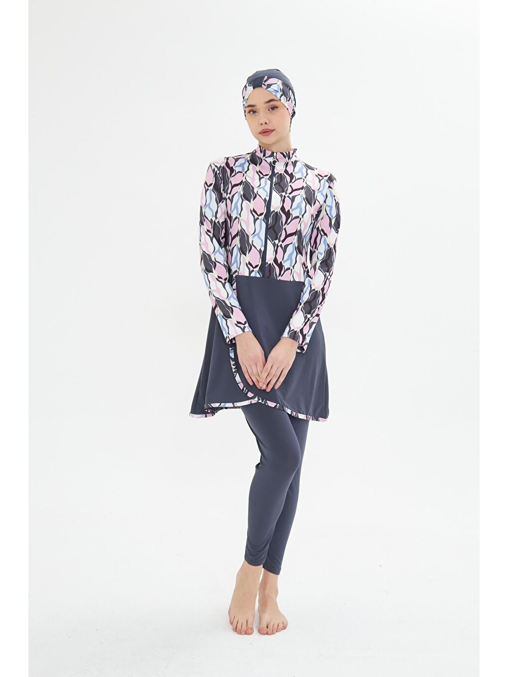 Tam Kapalı Elastanlı Desenli Etekli Tesettür Mayo Antrasit 3481-A-2