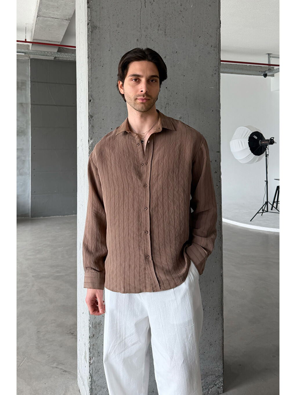 Kahverengi Erkek Oversize Çizgili Modal Gömlek-4