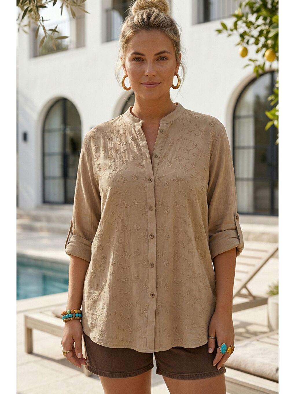 Koyu Bej Hakim Yaka Düğmeli Uzun Kollu Düğmeli Casual Müslin Dokuma Gömlek 75 63-3