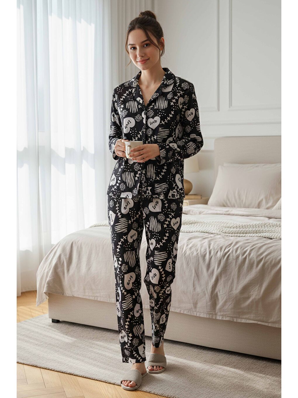 Desenli Süet Pijama Takımı Siyah - 28116-SIYAH