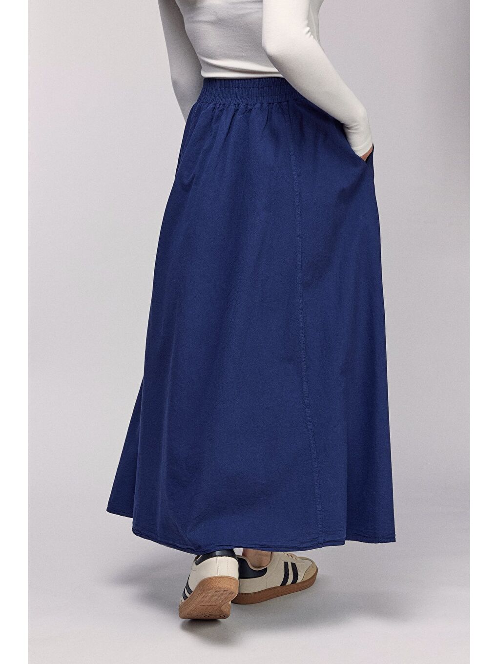 Lacivert Kadın A Kesim Yüksek Bel Cepli Dökümlü Kloş Etek - Dokulu Keten-2