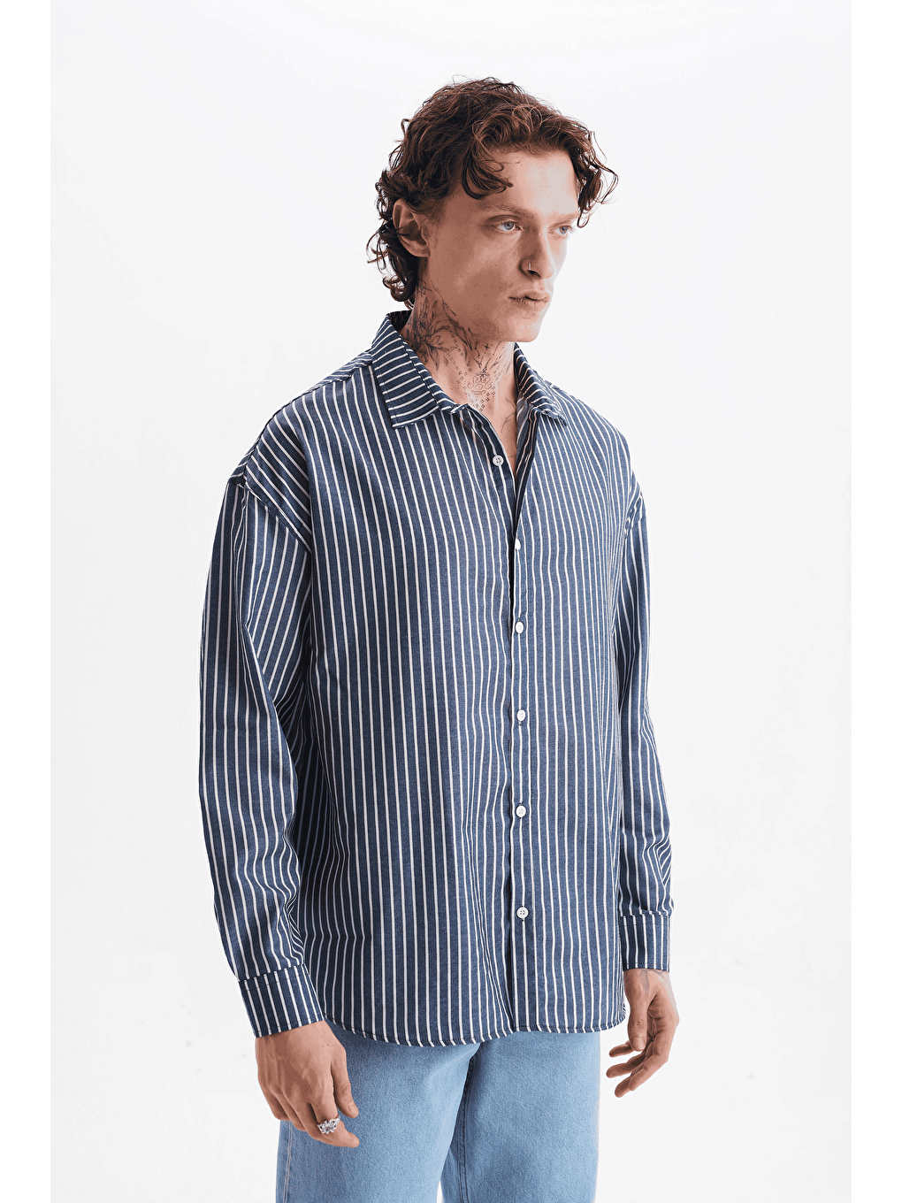Erkek %100 Pamuklu Çizgili Gömlek Lacivert-1