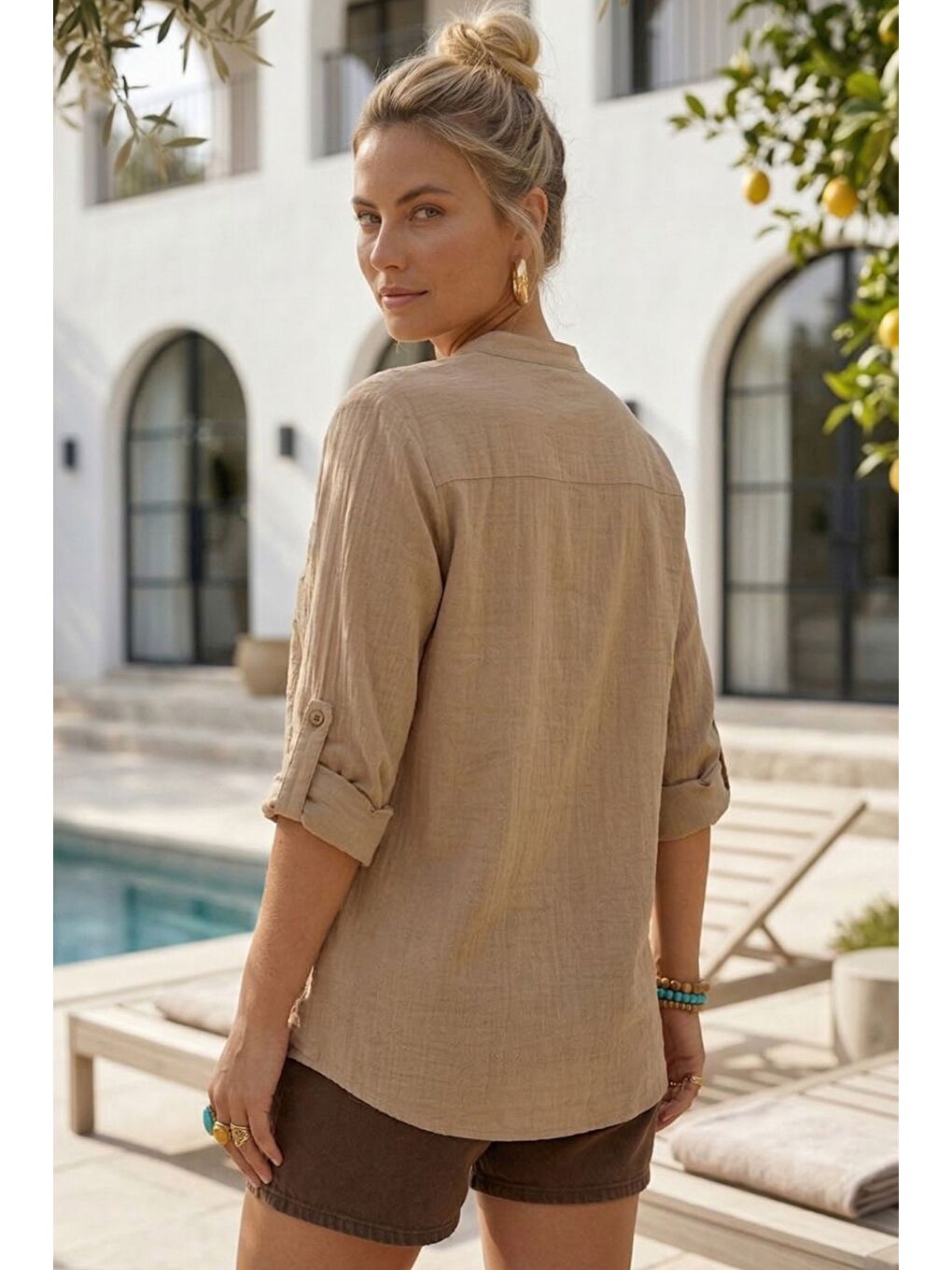 Koyu Bej Hakim Yaka Düğmeli Uzun Kollu Düğmeli Casual Müslin Dokuma Gömlek 75 63-4