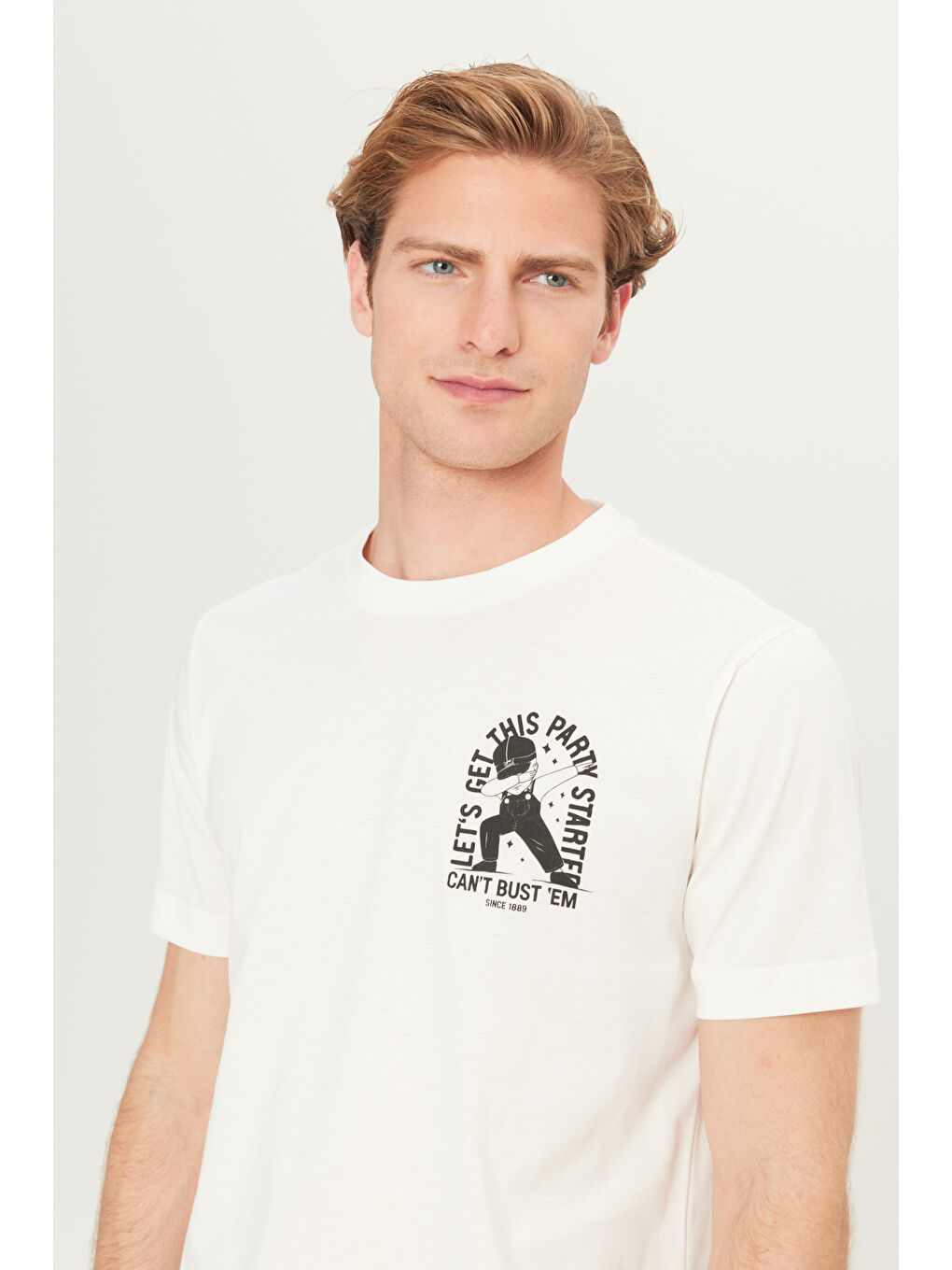 Beyaz %100 Pamuk Regular Fit Normal Kesim Bisiklet Yaka Baskılı Ekru Tişört-3