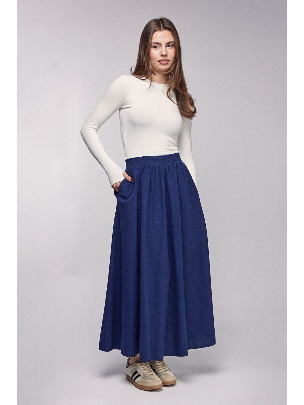 Lacivert Kadın A Kesim Yüksek Bel Cepli Dökümlü Kloş Etek - Dokulu Keten-3