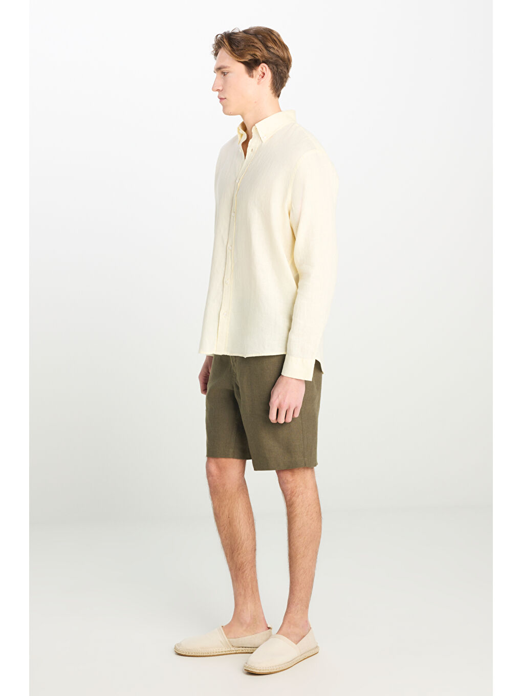 %100 Keten Regular Fit Normal Kesim Sarı Gömlek-2