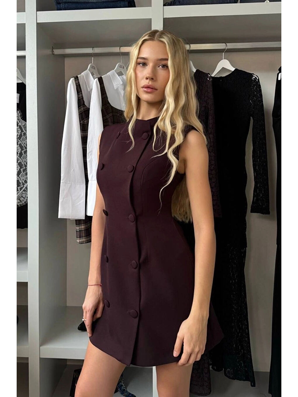 Kahverengi Kadın Kahve Kaplama Düğmeli Ceket Elbise 1041-2781-1