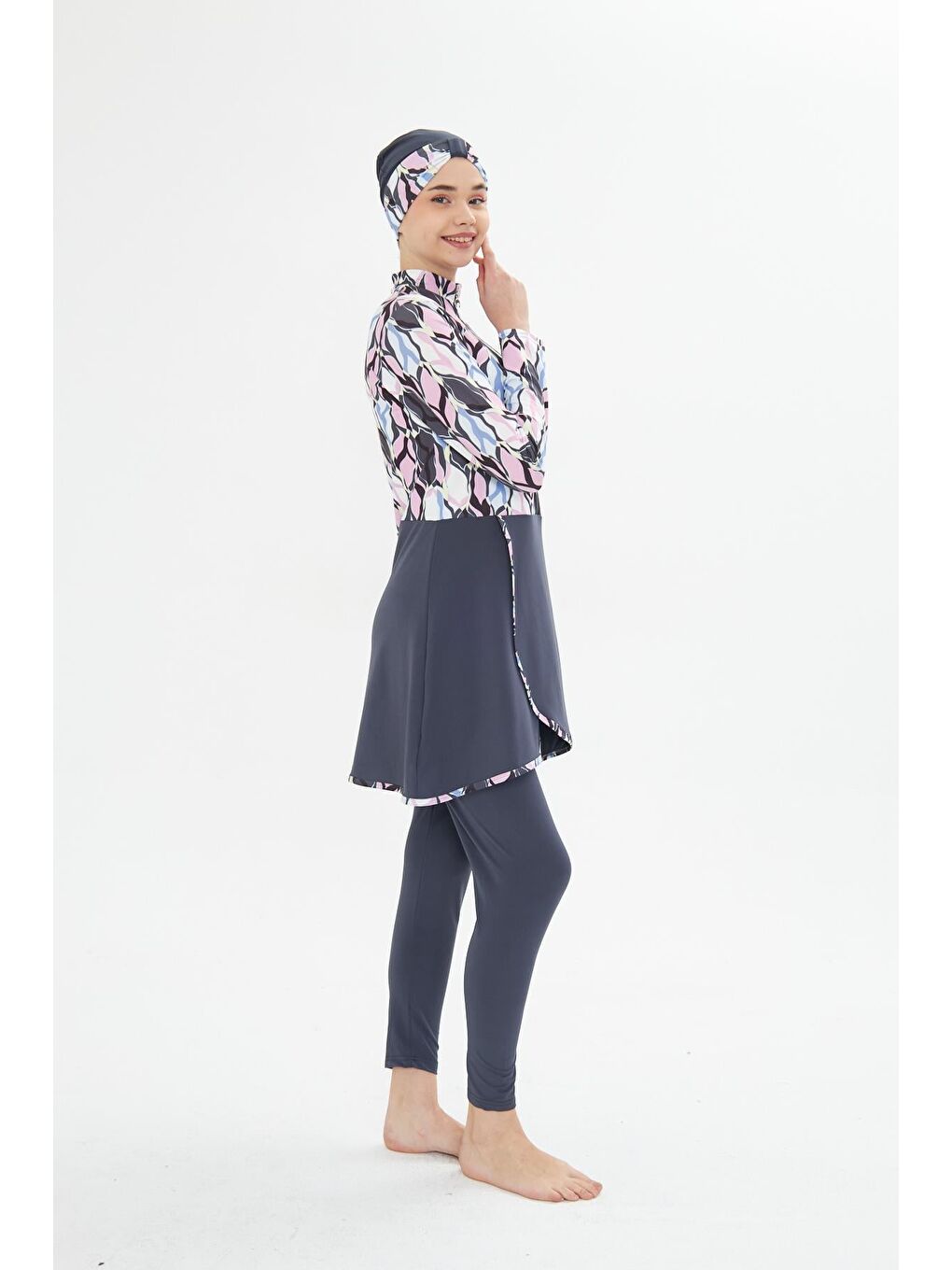 Tam Kapalı Elastanlı Desenli Etekli Tesettür Mayo Antrasit 3481-A-4