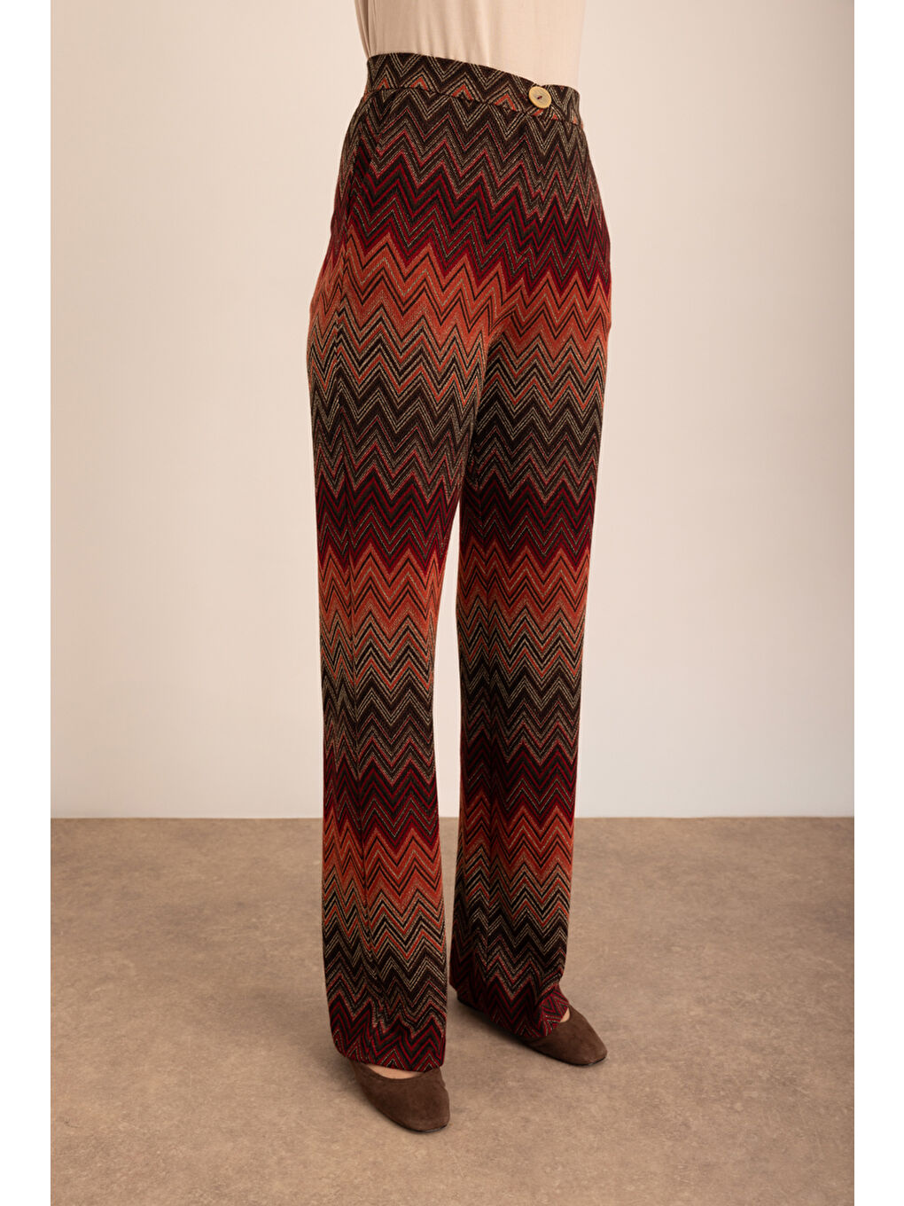 Kahverengi Desenli Örme Pantolon-4