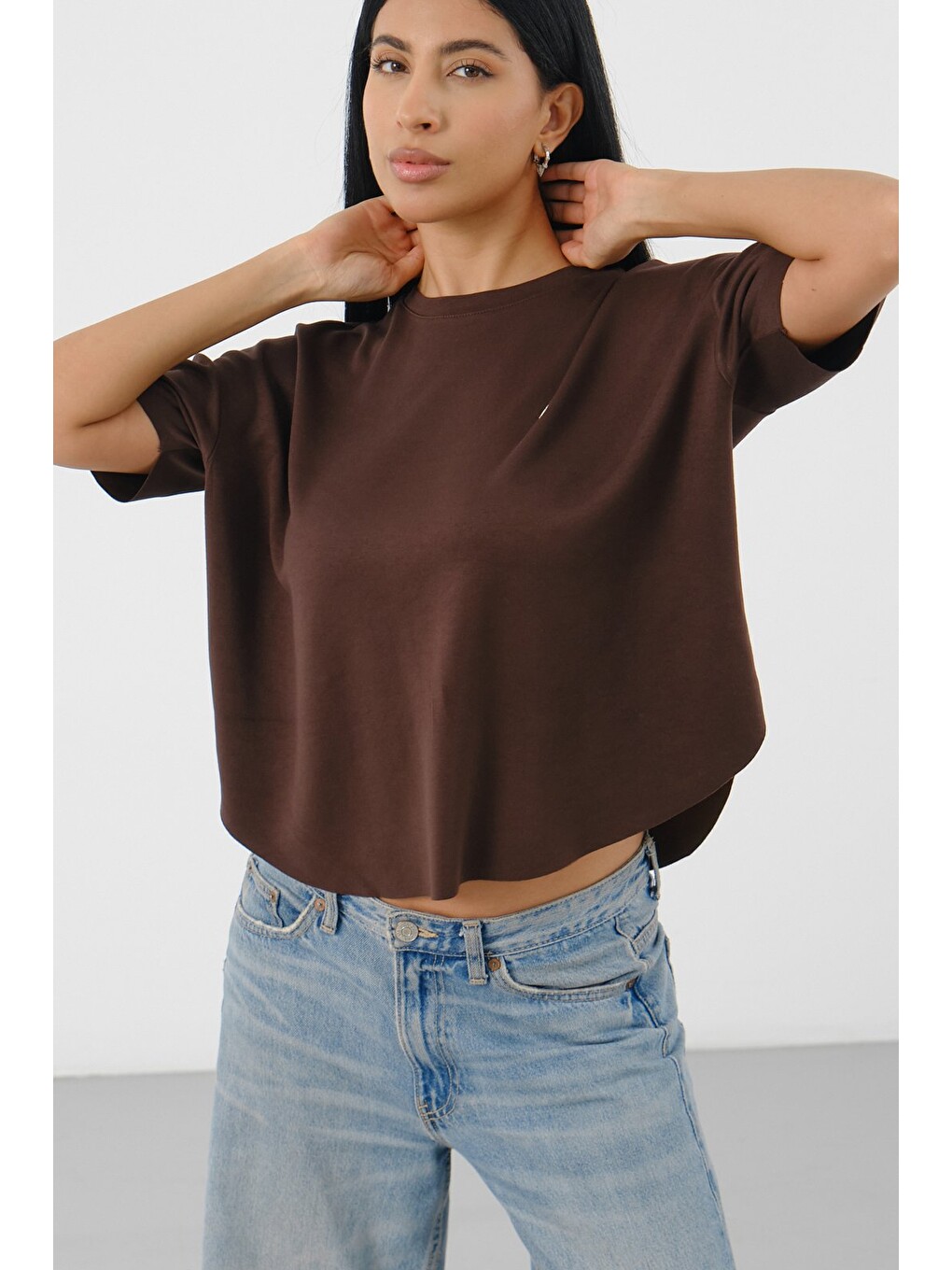 Kahverengi Kadın Oversize Boxy T-Shirt Bisiklet Yaka Rahat Kalıp Tişört-2