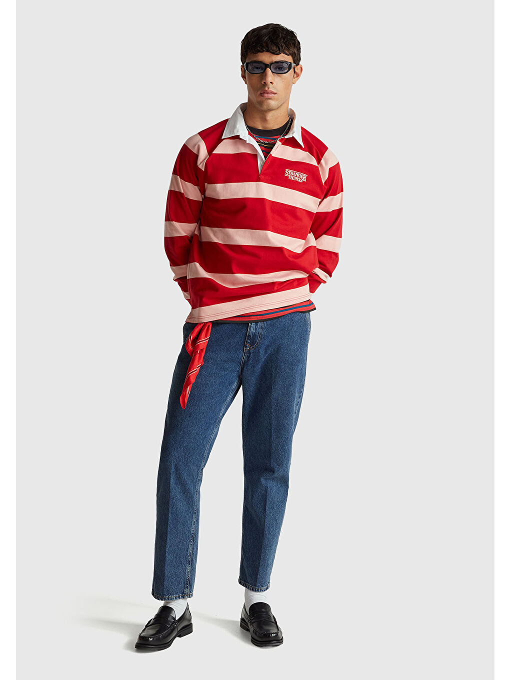 Erkek Kırmızı %100 Pamuk Stranger Things Uzun Kollu Polo T-Shirt-4