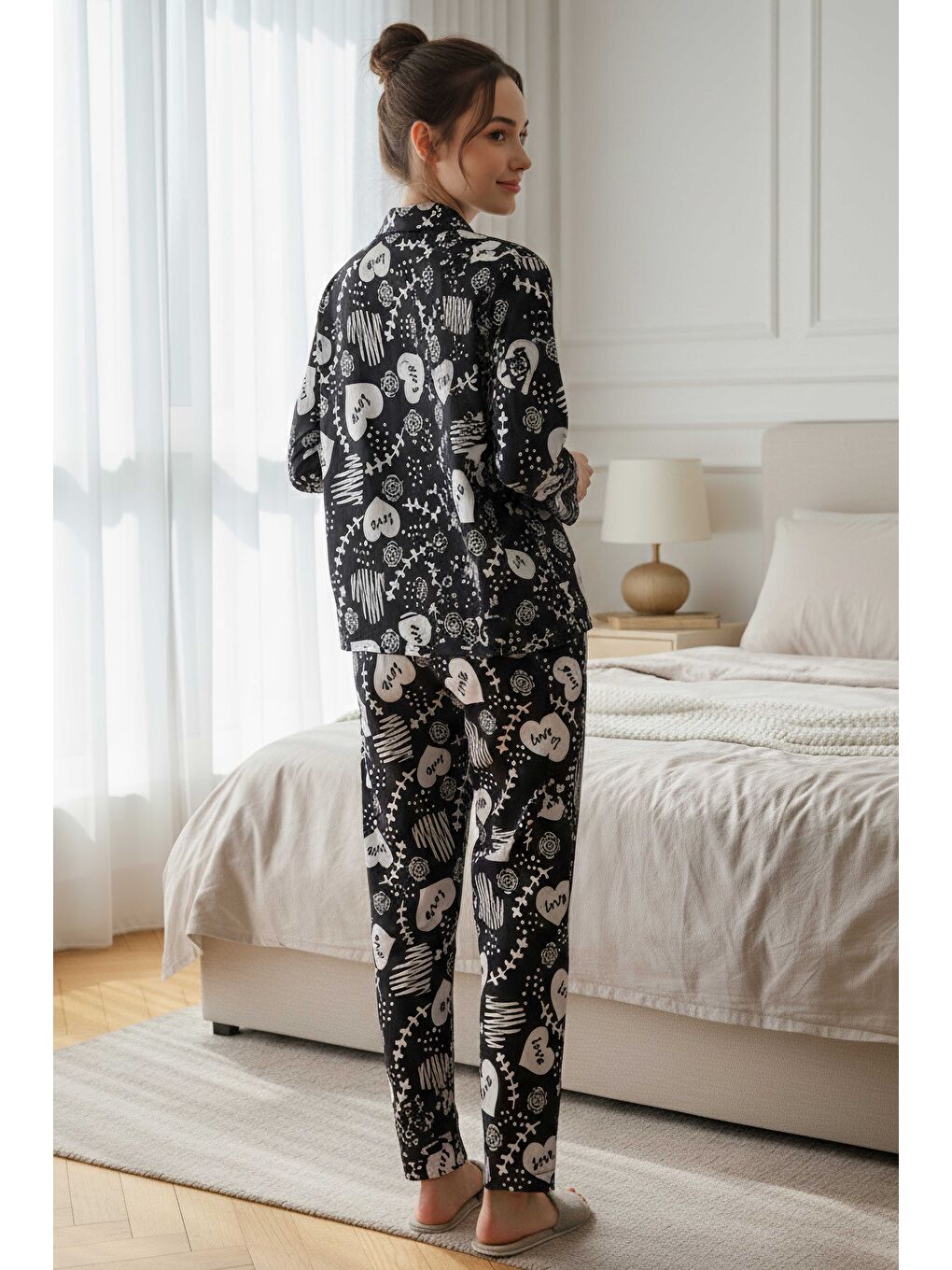 Desenli Süet Pijama Takımı Siyah - 28116-SIYAH-1