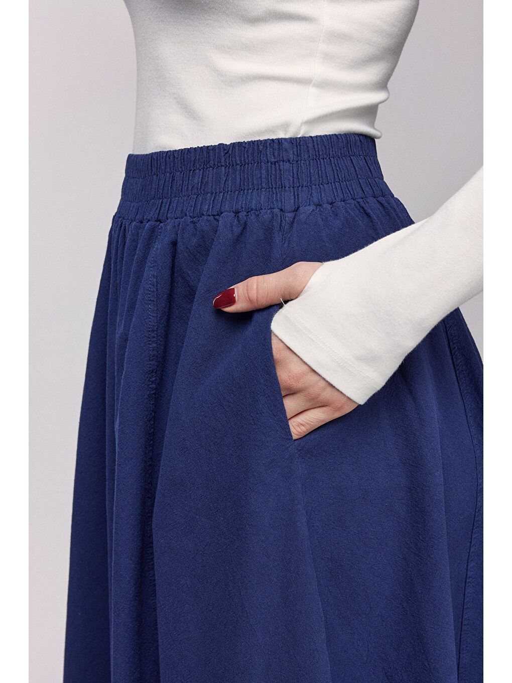 Lacivert Kadın A Kesim Yüksek Bel Cepli Dökümlü Kloş Etek - Dokulu Keten-4