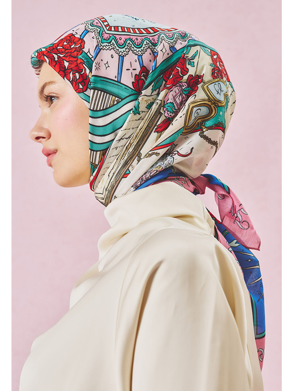 Pembe BEAUTY AND THE BEAST DESEN FLOŞ VİSKON EŞARP DREAMY PINK-3