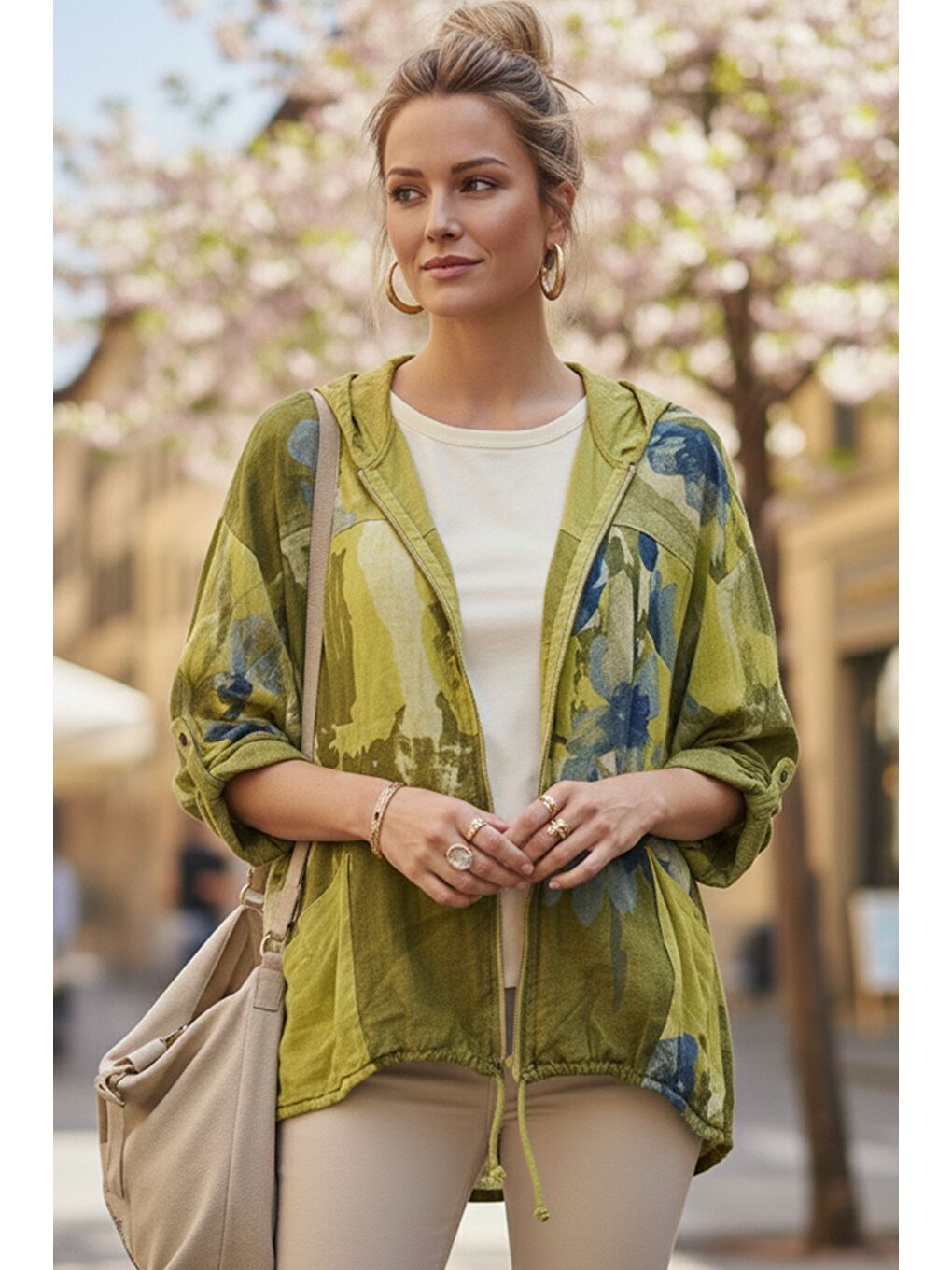 Yeşil İtalyan Limon Küfü Rengi Kapüşonlu 3/4 Kol Fermuarlı Cepli Keten Görünümlü Dokuma Ceket 68 65-6