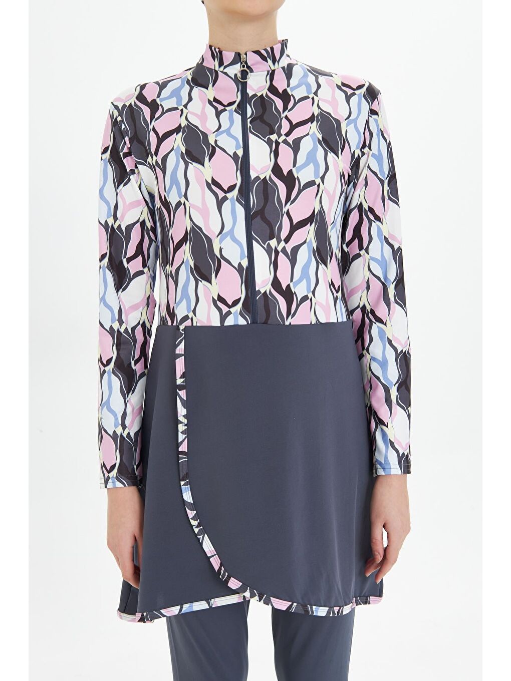 Tam Kapalı Elastanlı Desenli Etekli Tesettür Mayo Antrasit 3481-A-6