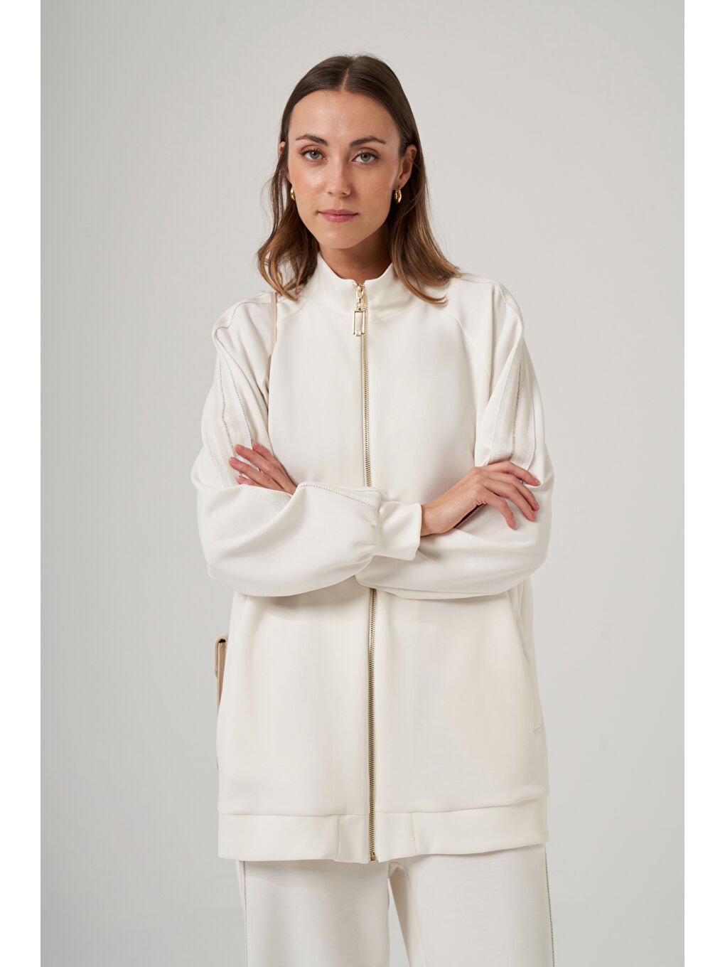 Fermuarı Taş Detaylı Pantolonlu Takım 1092 Ekru-1