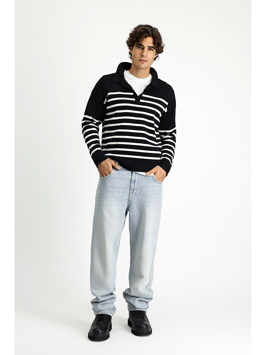 Siyah Polo Yaka Oversize Ekstra Rahat Kesim Çizgili Triko Kazak-1