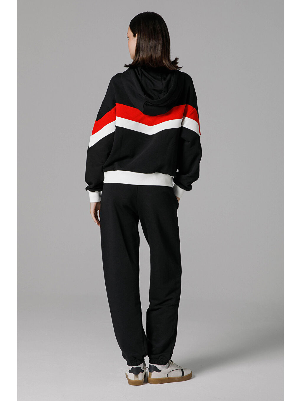 Siyah Pamuklu Renk Bloklu Oversize Fit Kapüşonlu Sweat EF178-BK-1