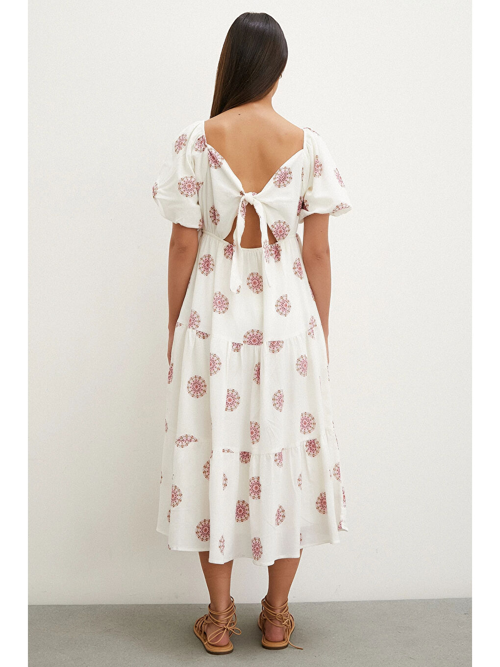 Sırtı Fiyonklu Keten Elbise Pembe-3