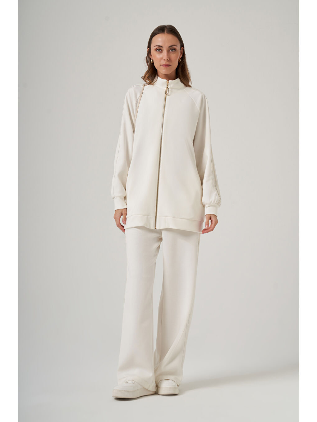 Fermuarı Taş Detaylı Pantolonlu Takım 1092 Ekru-2