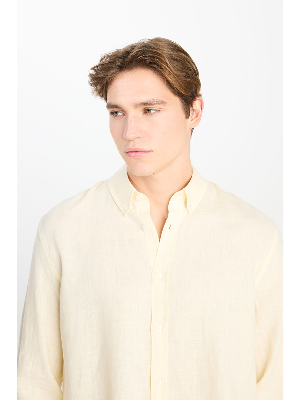 %100 Keten Regular Fit Normal Kesim Sarı Gömlek-3