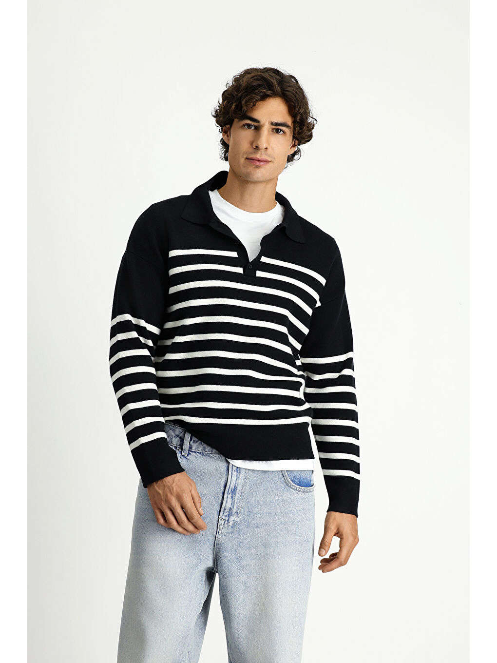 Siyah Polo Yaka Oversize Ekstra Rahat Kesim Çizgili Triko Kazak-2