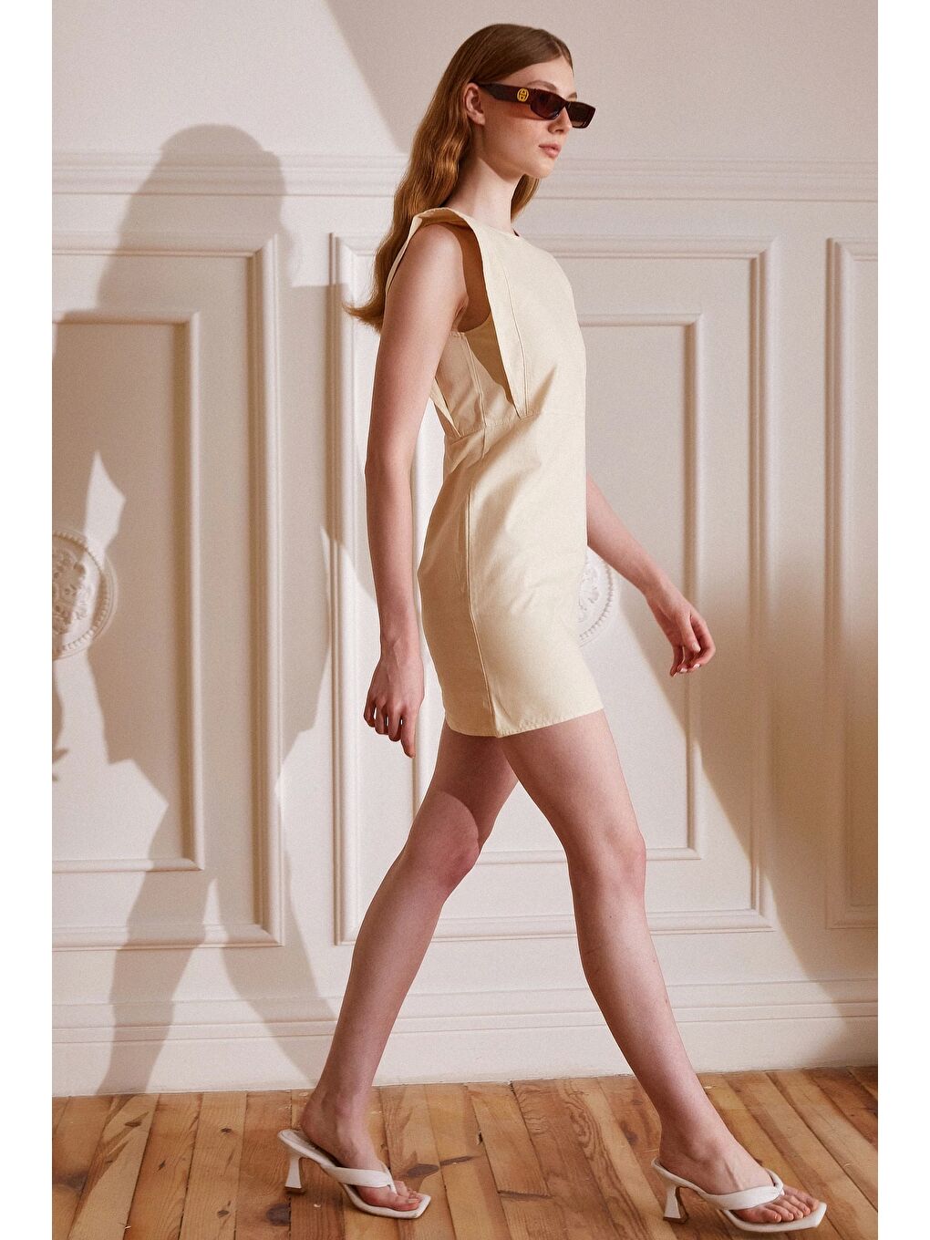 Sıfır Kol Gabardin Elbise Ekru-4