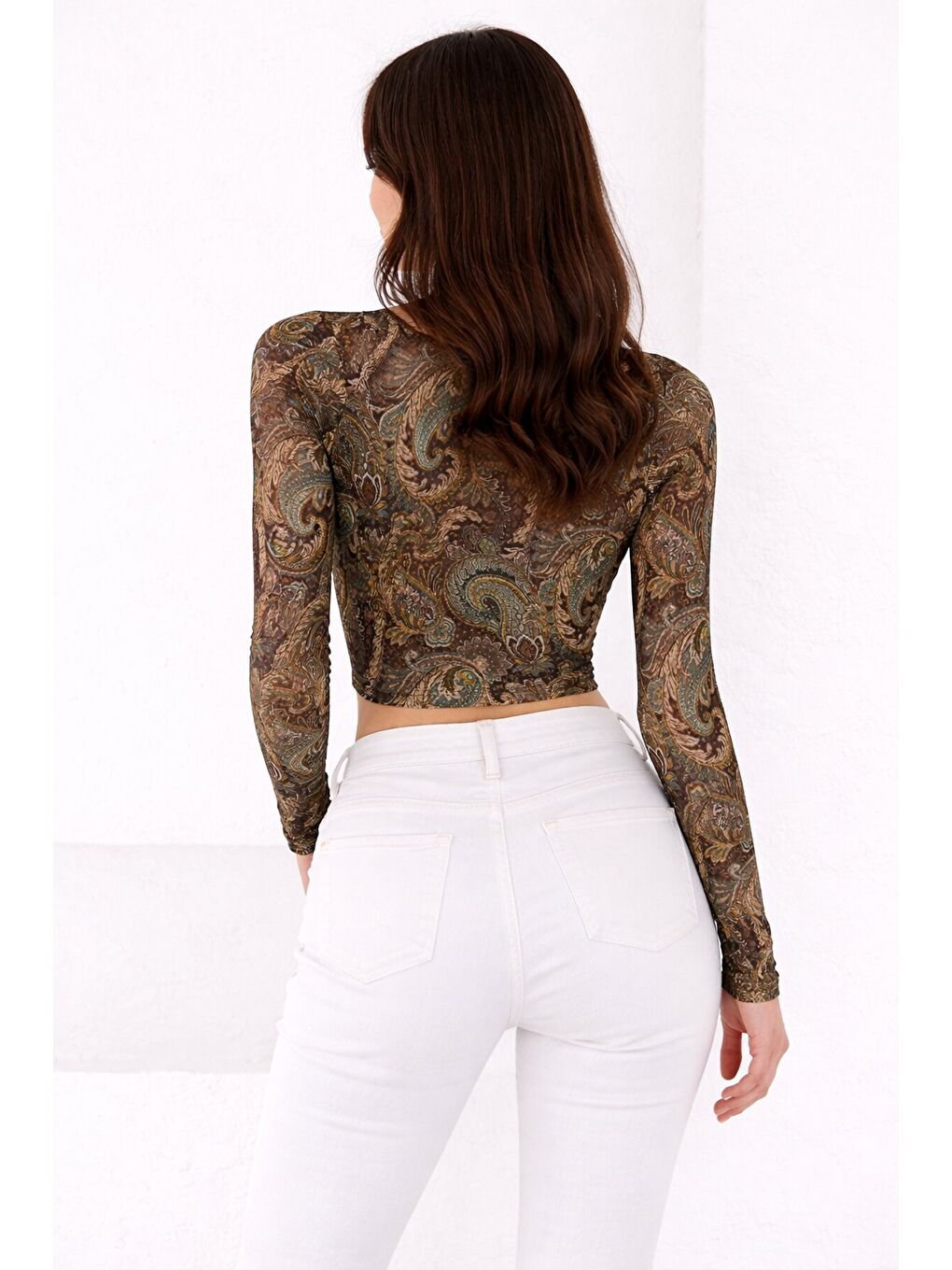 Haki Kadın Paisley Desenli Kare Yaka Bluz-3