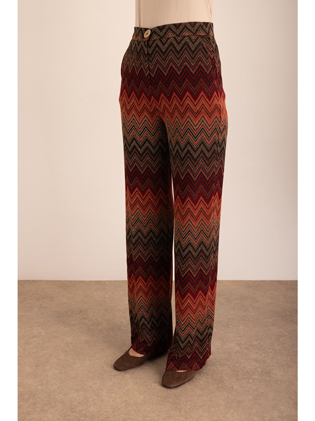 Kahverengi Desenli Örme Pantolon-5