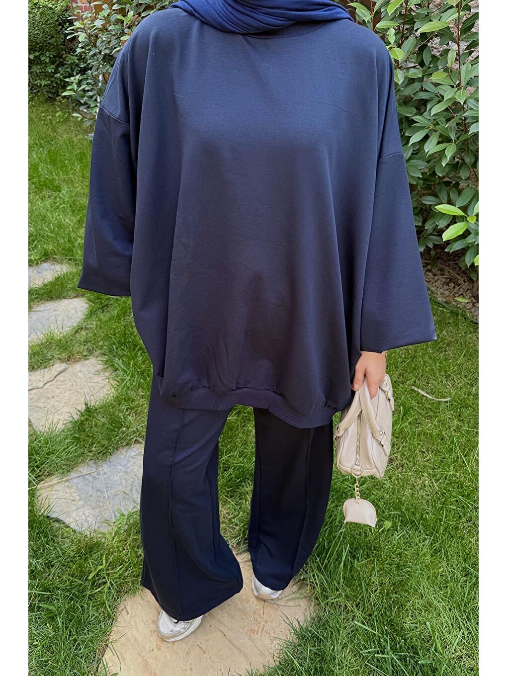 Kapüşonlu Pantolonlu İkili Tesettür Takım Koyu Lacivert-2