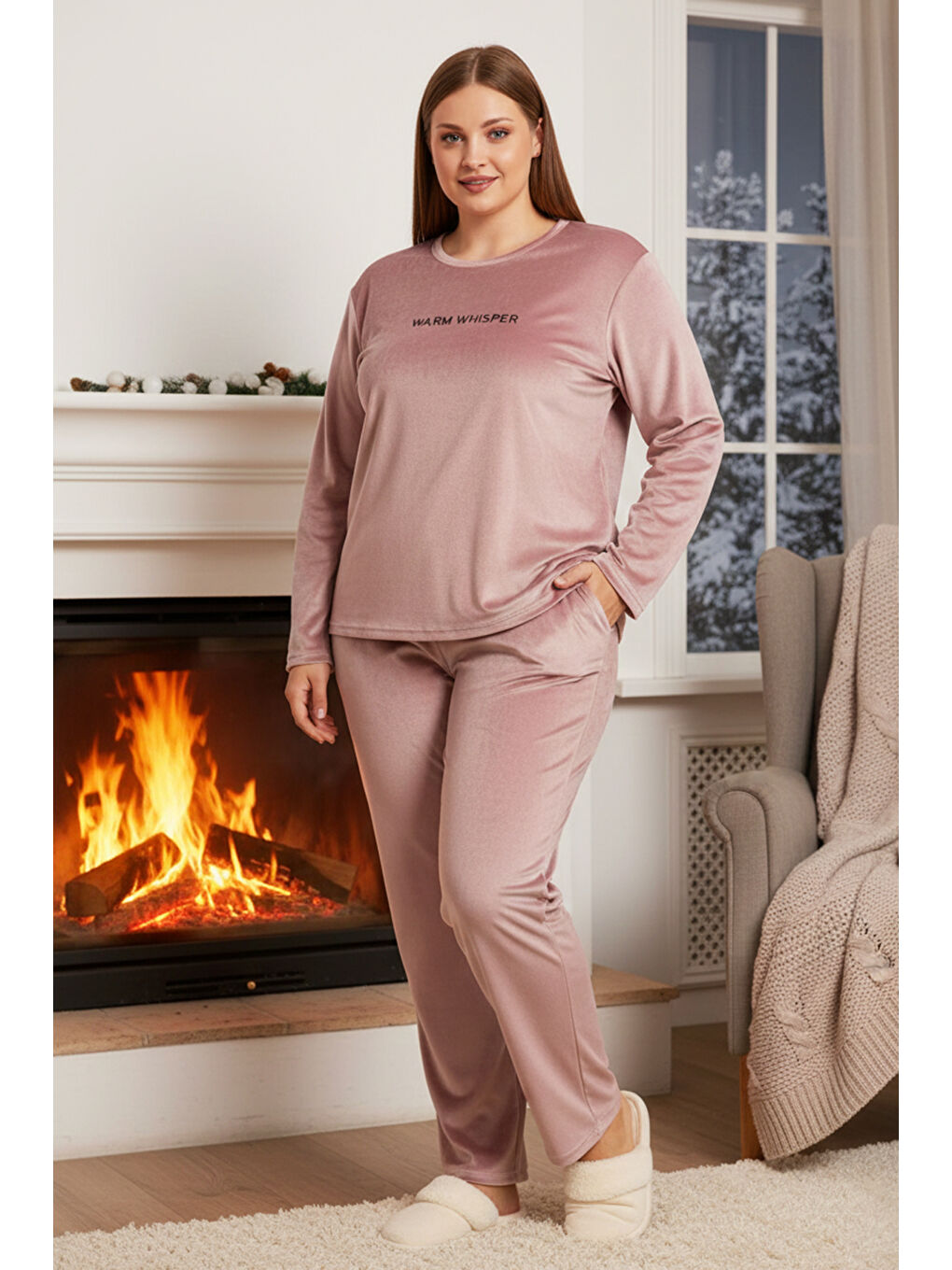 Pembe Büyük Beden Kadın Kadife Kumaş Pijama Takımı 13213-3017 Pudra01-3
