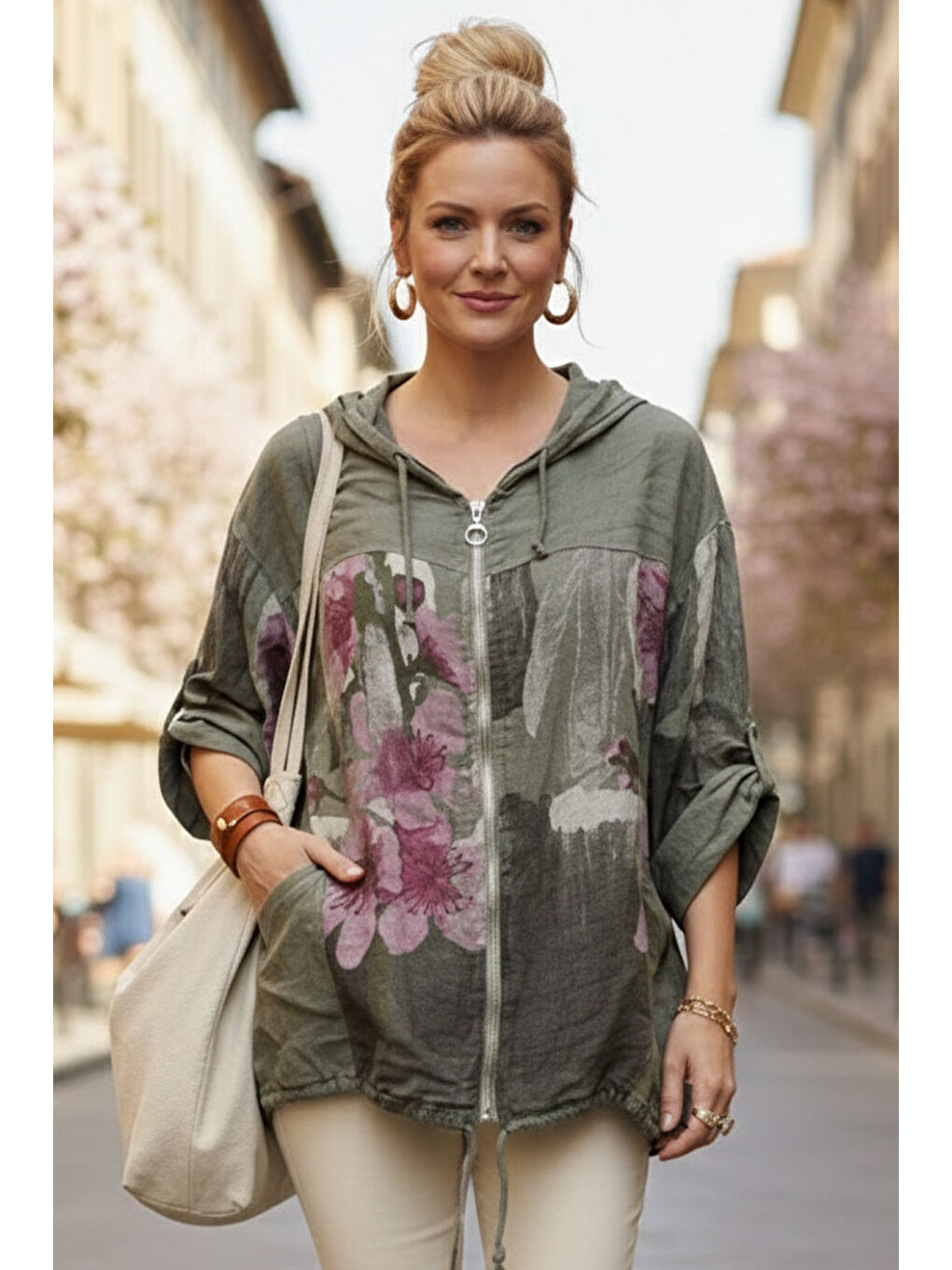 İtalyan Haki Kapüşonlu 3/4 Kol Fermuarlı Cepli Casual Keten Görünümlü Dokuma Ceket 68 65