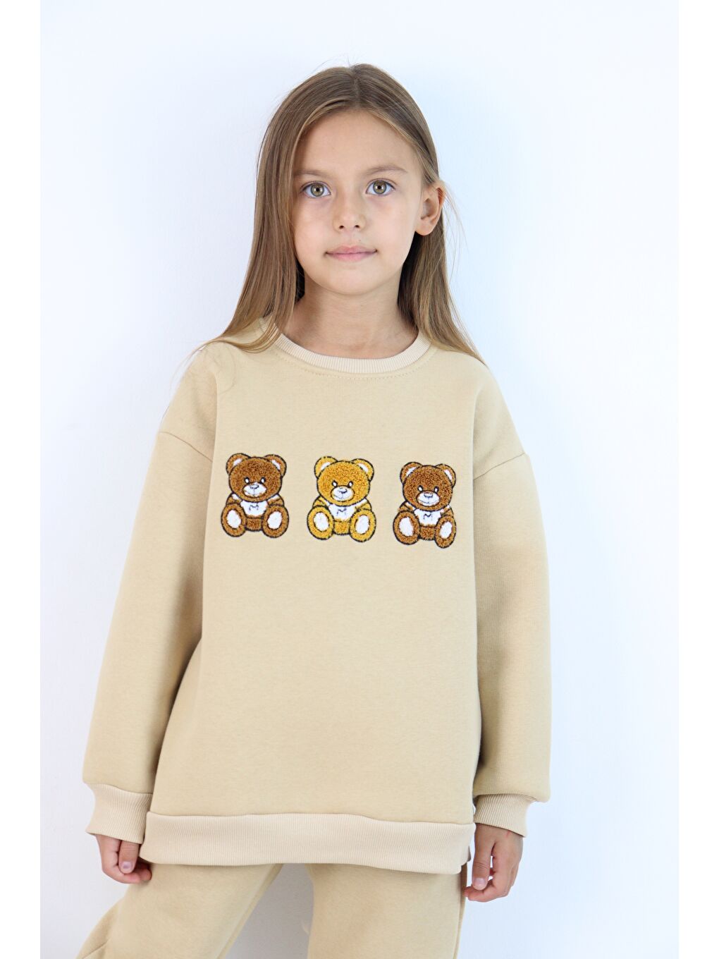 Ekru Kız Çocuk 3'lü Ayıcık Nakışlı 3 İplik Oversize Şardonlu Takım-1