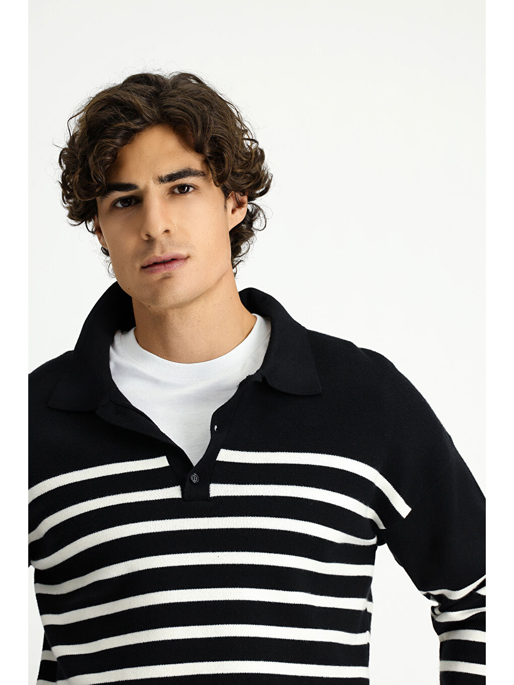 Siyah Polo Yaka Oversize Ekstra Rahat Kesim Çizgili Triko Kazak-3